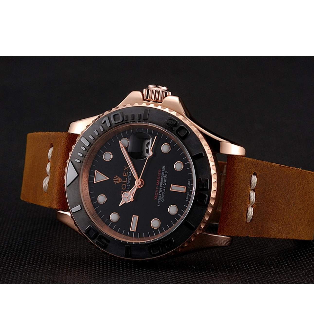 Aaa replica watch 1453861 Rolex Dial Master Black Rose Leather Case Yacht Brown Gold Bracelet 0628